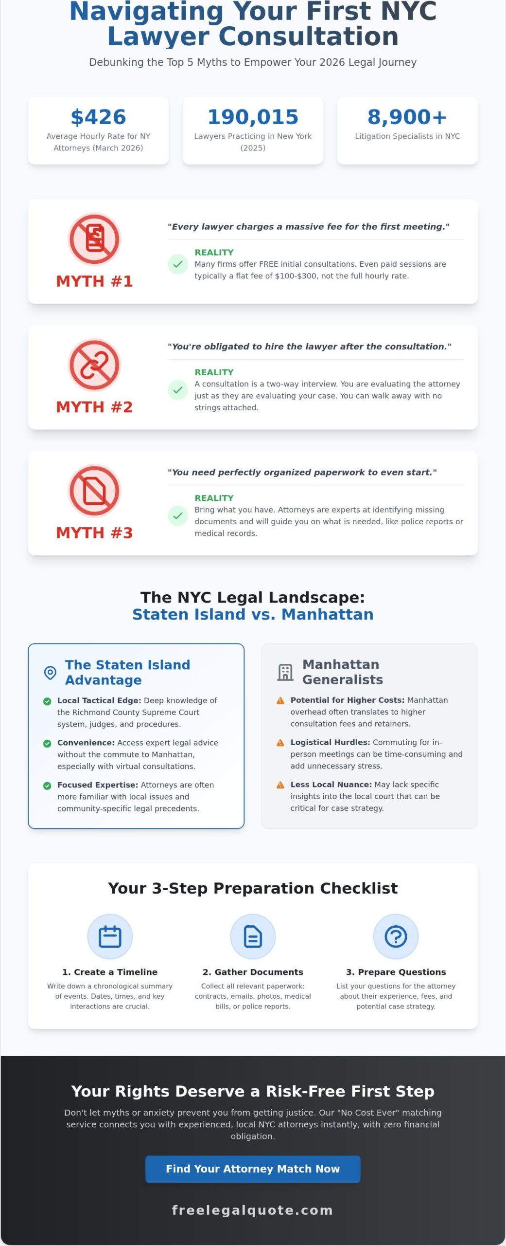 Lawyer Consultation in Staten Island & NYC: 5 Myths Debunked for 2026